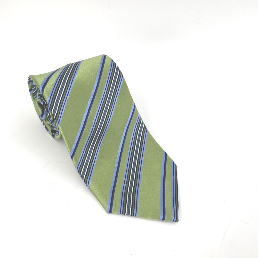 Geoffrey Beene Handmade Silk Tie Green Blue Striped Classic Mens Necktie